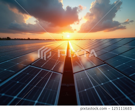 blue photovoltaic solar panels for producing clean ecological electricity at sunset 125111683
