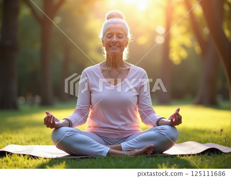 woman with silver hair tied in bun, sitting cross-legged on a yoga mat in a serene park. She's wearing comfortable, pastel-colored yoga attire, her eyes closed in meditation 125111686