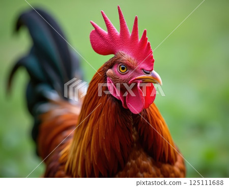 Rhode Island Red Rooster close-up Portrait in nature 125111688