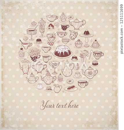 Card with tea party doodles on vintage background with place for your text. Vector sketch illustration. 125111699