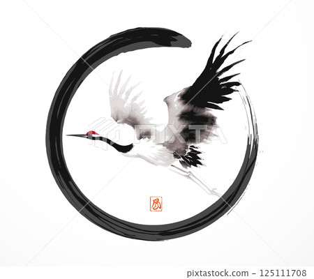 Red-headed japanese crane in in black enso zen circle on white. Traditional Japanese ink wash painting sumi-e. Hieroglyph - wind 125111708