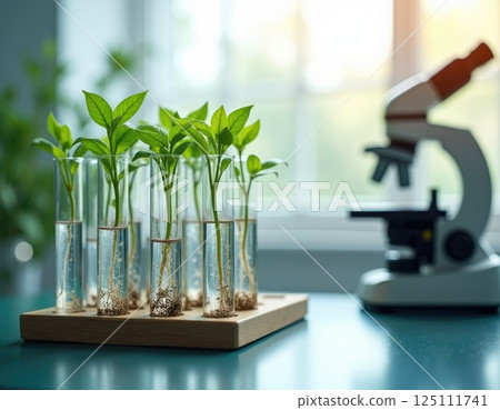 laboratory environment with rows of small plants growing in transparent containers 125111741