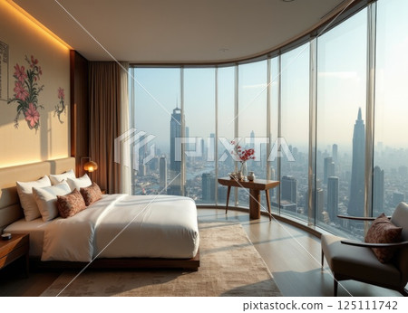 bedroom in skyscarper or hotel room with panoramic window in asian style bedroom in skyscarper or hotel room with panoramic window in asian style 125111742