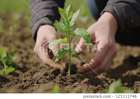 human hands planting a tree seedking in ground. Ecology and earth day concept 125111746