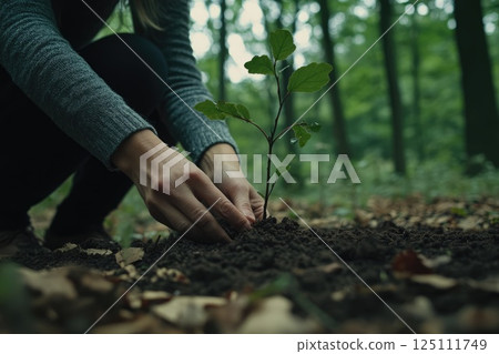 human hands planting a tree seedking in ground. Ecology and earth day concept 125111749