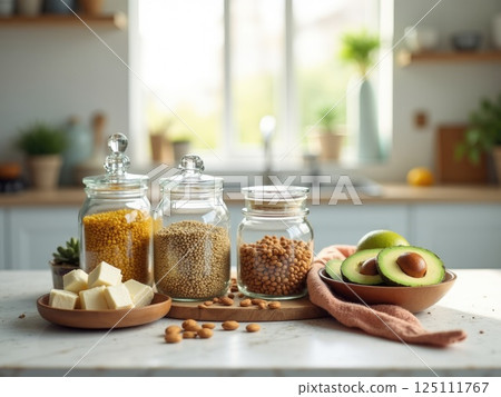 glass jars filled with different plant-based protein sources - quinoa, lentils, almonds. glass jars filled with different plant-based protein sources - quinoa, lentils, almonds. 125111767