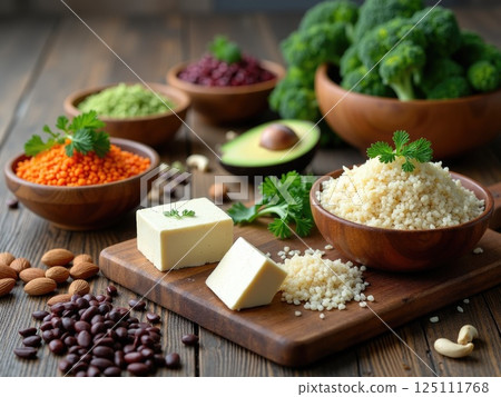 plant-based protein sources. Bowls with white rice, Fresh broccoli, beans, Lentis, nuts, avocado 125111768