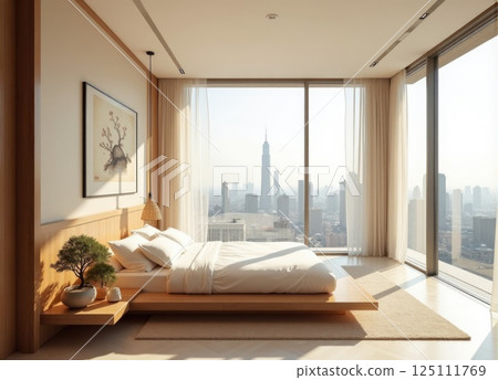 bedroom in skyscarper or hotel room with panoramic window in asian style bedroom in skyscarper or hotel room with panoramic window in asian style 125111769