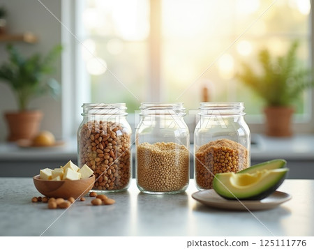 glass jars filled with different plant-based protein sources - quinoa, lentils, almonds. 125111776