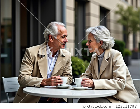 elegant elderly couple men drinking coffee on cafe terrase. Senior people on date elegant elderly couple men drinking coffee on cafe terrase. Senior people on date 125111798