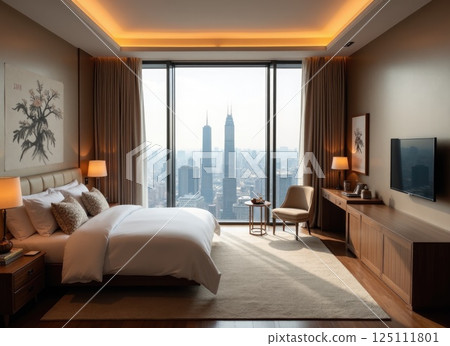 bedroom in skyscarper or hotel room with panoramic window in asian style bedroom in skyscarper or hotel room with panoramic window in asian style 125111801