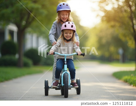 older sibling helping her younger sister learn to ride a bike on pavement in suburbs 125111812