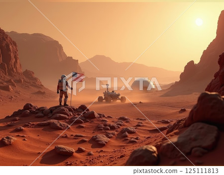 an astronaut standing on the mars surface holding american flag an astronaut standing on the mars surface holding american flag 125111813