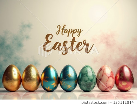 shiny coloured eggs in a row on smooth surface .Happy Easter text above 125111814