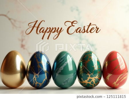 shiny coloured eggs in a row on smooth surface .Happy Easter text above shiny coloured eggs in a row on smooth surface .Happy Easter text above 125111815