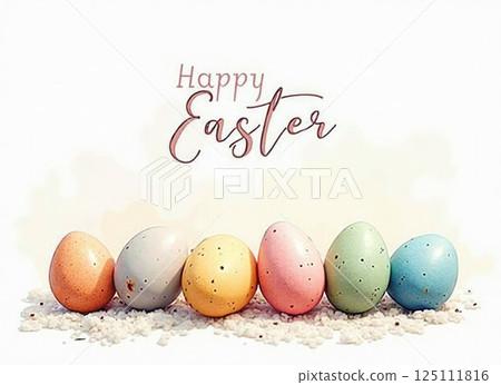 colorful eggs in colours in a row on bottom of template. Happy easter text above 125111816