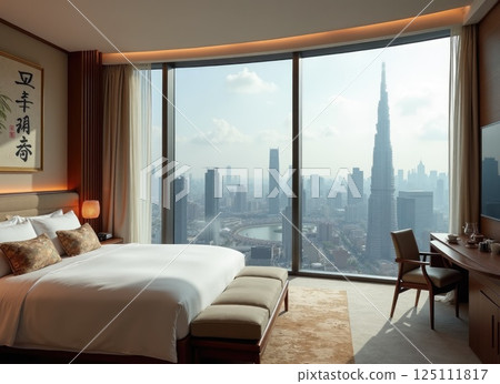 bedroom in skyscarper or hotel room with panoramic window in asian style bedroom in skyscarper or hotel room with panoramic window in asian style 125111817