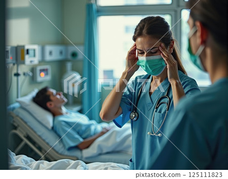 young doctor in hospital exausted having a headache. hospital room with a patient on background 125111823