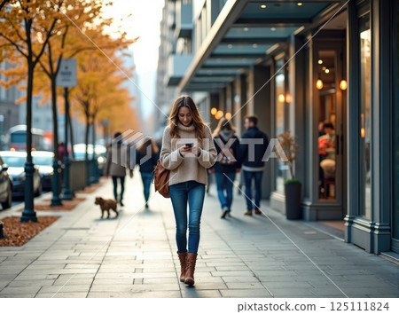 young womanwalking on city sidewalk, looking at a navigation app on her smartphone. 125111824