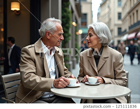 elegant elderly couple men drinking coffee on cafe terrase. Senior people on date 125111836