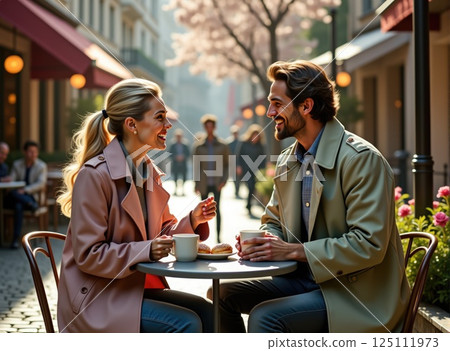 handsome young man sitting at a charming outdoor cafe on a cobblestone street, dressed in modern trench coat 125111973