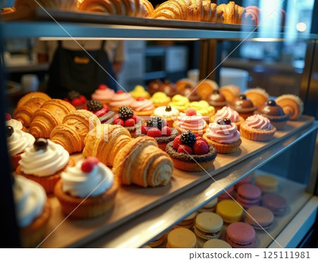 handsome young man sitting at a charming outdoor cafe on a cobblestone street, dressed in modern trench coat 125111981