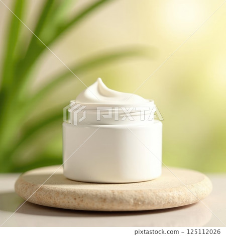 a plain white cream jar placed on natural stone surface 125112026