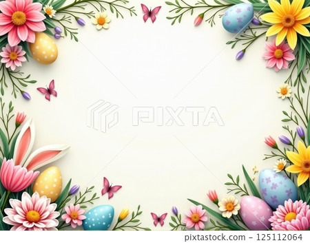 a template for greeting card with colorful easter eggs and spring flowers frame 125112064