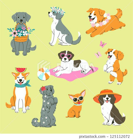 Set of different cute summer dogs. Vector graphics Set of different cute summer dogs. Vector graphics 125112072