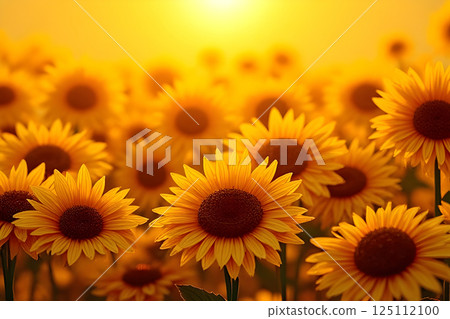 an elegant sunflower field bathed in warm golden hues, the delicate paper petals arranged in a dynamic, sun-kissed composition 125112100