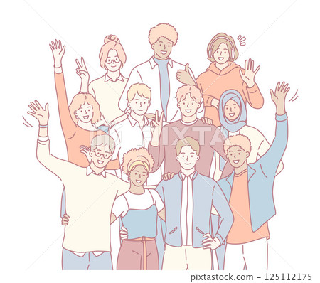 A Diverse Group of Friends Joyfully Celebrating Together in a Colorful and Cheerful Atmosphere 125112175