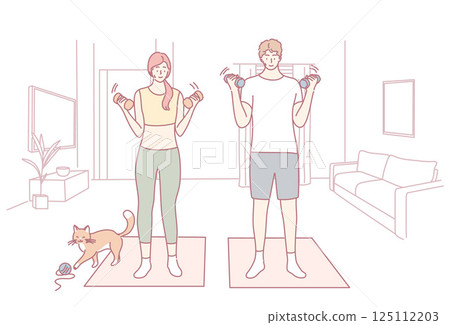 A Couple Engaging in Exercise Activities at Home While Enjoying Time with Their Cat 125112203