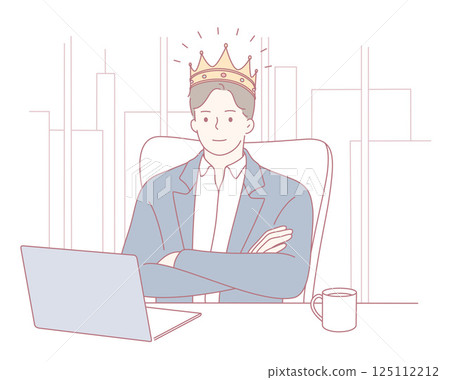 An Ambitious and Confident Businessman Wearing a Crown and Using a Laptop in a Modern Office 125112212
