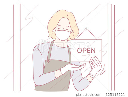 A Signage Indicating the Business is Open with a Staff Member Heralding a Warm Welcome 125112221
