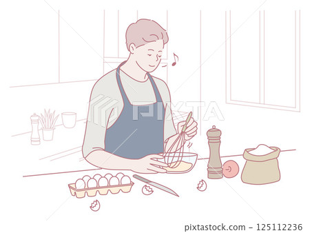 Joyful Cooking Whisking Eggs in a Bright and Cheerful Kitchen, Creating Delicious Meals 125112236