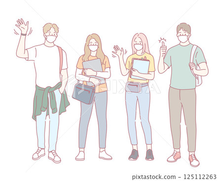 A Diverse Group of Students Joyfully Waving While Holding Their Notebooks and Bags 125112263