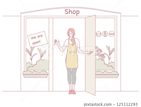 Welcoming Shopkeeper at Open Storefront Ready to Serve Customers with a Friendly Smile Welcoming Shopkeeper at Open Storefront Ready to Serve Customers with a Friendly Smile 125112293