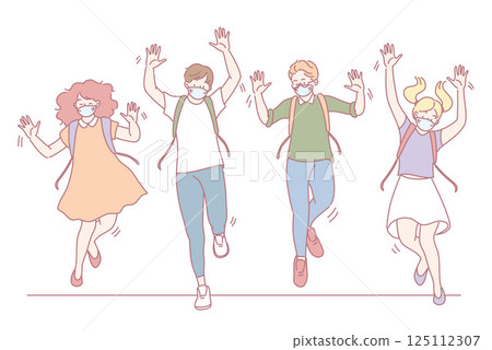 Cheerful and joyous children happily jumping around with glee while wearing colorful masks Cheerful and joyous children happily jumping around with glee while wearing colorful masks 125112307