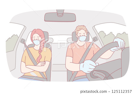 Masked Individuals Inside a Vehicle Protecting Themselves During a Health Crisis Situation Masked Individuals Inside a Vehicle Protecting Themselves During a Health Crisis Situation 125112357