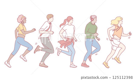 A group of diverse individuals joyfully running together in stylish and fashionable athletic wear A group of diverse individuals joyfully running together in stylish and fashionable athletic wear 125112398
