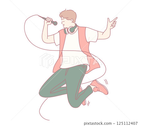 An Energetic Singer Wearing Headphones Performing in a Dynamic, Expressive Pose on Stage An Energetic Singer Wearing Headphones Performing in a Dynamic, Expressive Pose on Stage 125112407