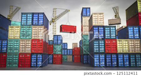 Shipping containers and cranes in cargo terminal - 3D illustration Shipping containers and cranes in cargo terminal - 3D illustration 125112411
