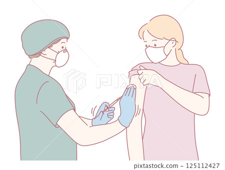 An illustration of a nurse giving a vaccination shot, emphasizing safety, trust, and awareness 125112427