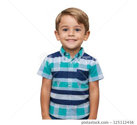 Young boy with bright blue eyes smiling in a checkered shirt against a plain background 125112436