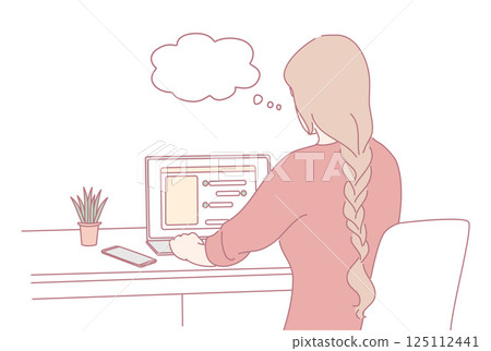A woman is deep in thought while working diligently on her laptop in her cozy home office A woman is deep in thought while working diligently on her laptop in her cozy home office 125112441