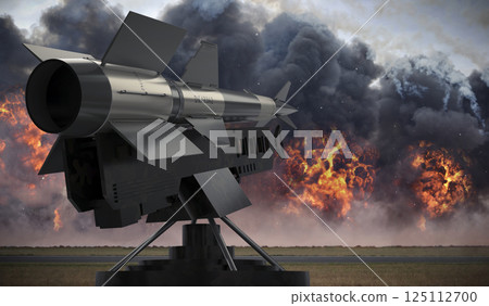 Single missile on a launcher, explosions in background - 3D illustration 125112700