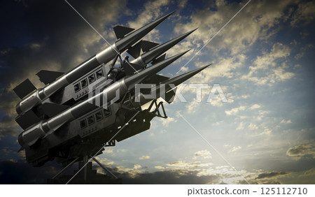 Four missiles on a launcher - 3D illustration Four missiles on a launcher - 3D illustration 125112710