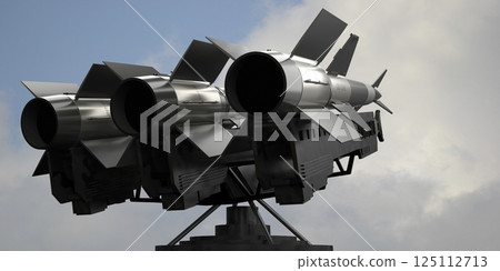 Three missiles on a launcher - 3D illustration Three missiles on a launcher - 3D illustration 125112713