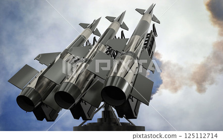 Three missiles on a launcher - 3D illustration Three missiles on a launcher - 3D illustration 125112714