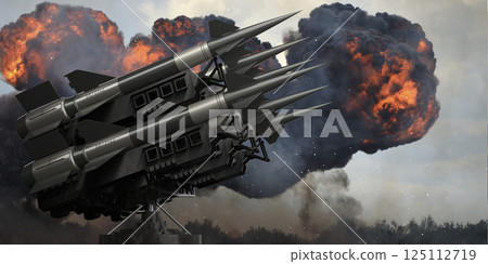 Many missiles on a launcher, explosions in background - 3D illustration Many missiles on a launcher, explosions in background - 3D illustration 125112719